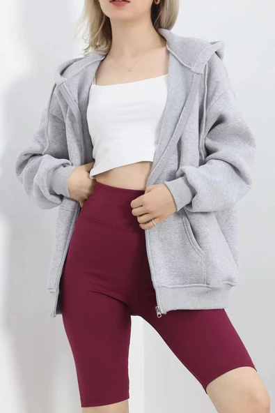 Kapşonlu Fermuarlı 3 İplik Sweat Gri - 20240.053. - 3