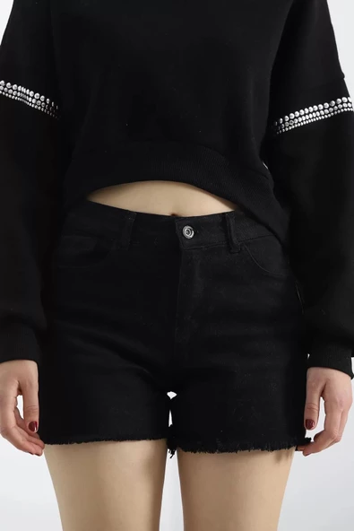 Kol Detay 3 İplik Crop Sweat Siyah - 12691.148. - 6