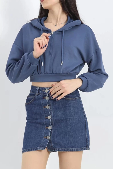 Modal Kapşonlu Crop Sweat İndigo - 12885.148. ürün görseli 1