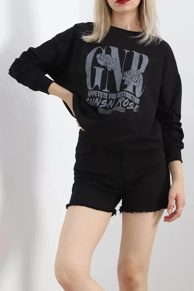 Baskılı İki İplik Oversize Sweat Siyah - 21648.200. - 6