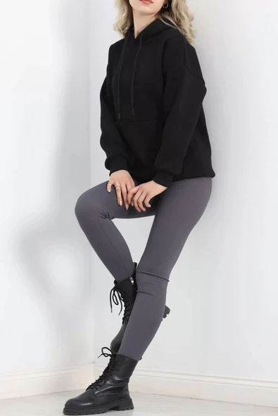 3 İplik Kanguru Cepli Kapşonlu Sweat Siyah - 20960.1878. - Resim 2