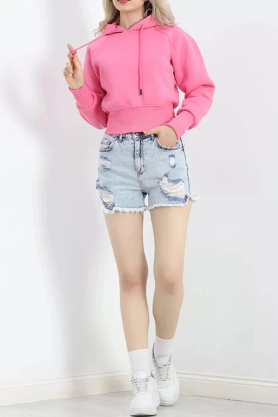 3 İplik Kapşonlu Crop Sweat Pembe - 20967.1878. - 6