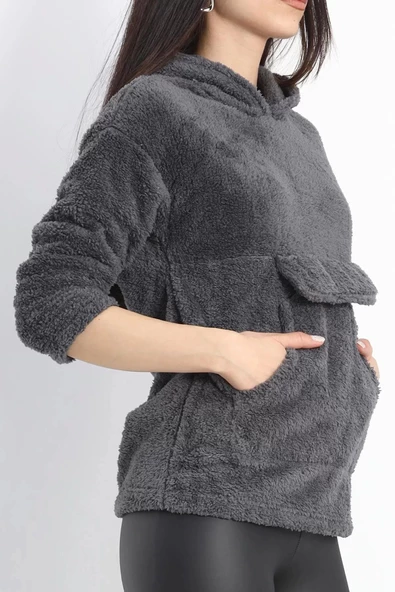 Kanguru Cep Kapşonlu Peluş Sweat Antrasit - 9062.1153. - Resim 3