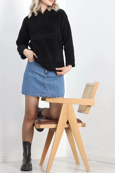 Kanguru Cep Kapşonlu Peluş Sweat Siyah - 9062.1153. - 7