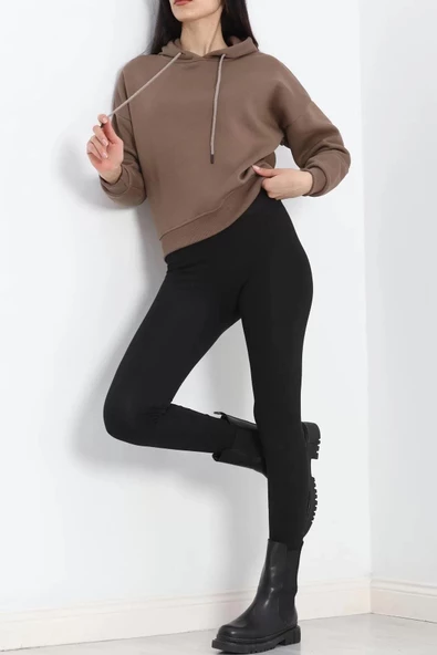 Kapşonlu 3 İplik Crop Sweat Açıkkahve - 20969.1878. - 2