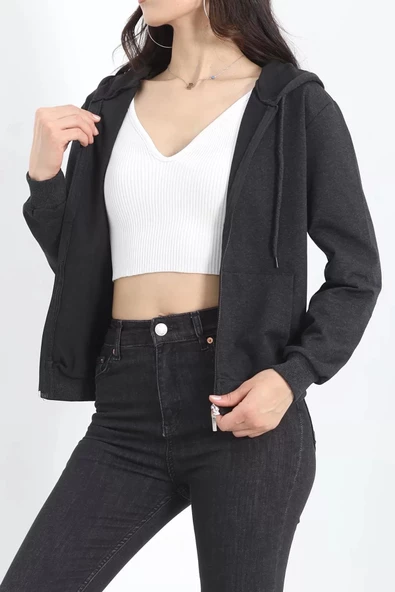 Kapşonlu Fermuarlı Sweat Koyuantrasit - 3001.275. - Resim 5