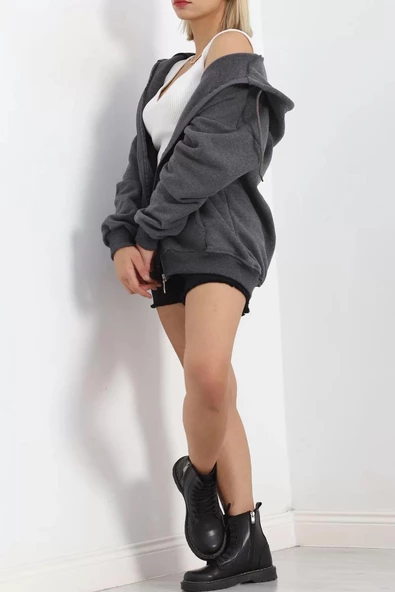 Kapşonlu Fermuarlı 3 İplik Sweat Füme - 20240.053. - Resim 2