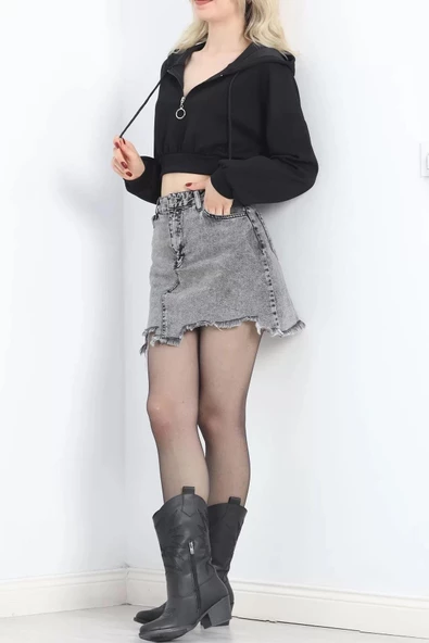 Modal Kapşonlu Crop Sweat Siyah - 12885.148. - 4