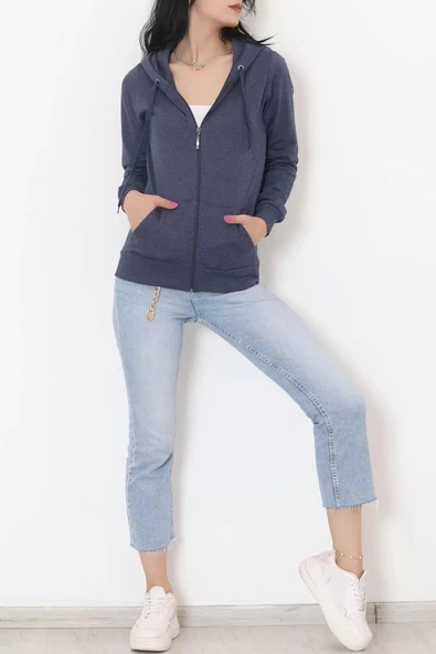 İç Tüylü Kapşonlu Fermuarlı Sweat Koyuindigo - 11866.108. - 4