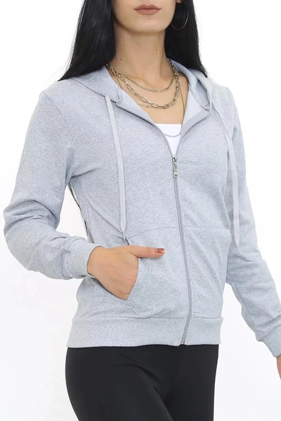 Kapşonlu Fermuarlı Sweat Gri - 3001.275. - Resim 3