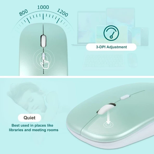 Hegitech Pro 8 8" Uyumlu Kablosuz Bluetooth Şarj Edilebilir Klavye Mouse Seti - Yeşil - Resim 5