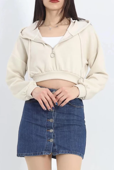 Modal Kapşonlu Crop Sweat Bej - 12885.148. - 5