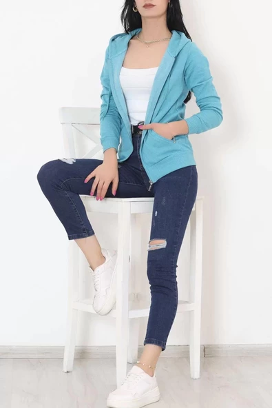 İç Tüylü Kapşonlu Fermuarlı Sweat Petrol - 11866.108. - 2