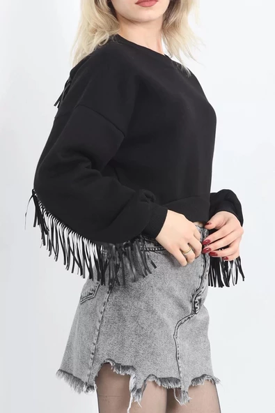 Deri Saçaklı Sweat Siyah - 12690.148. - 7