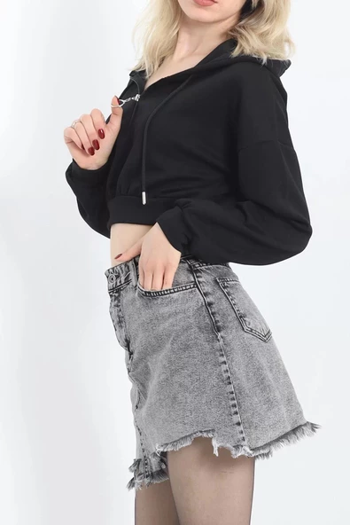 Modal Kapşonlu Crop Sweat Siyah - 12885.148. - 8