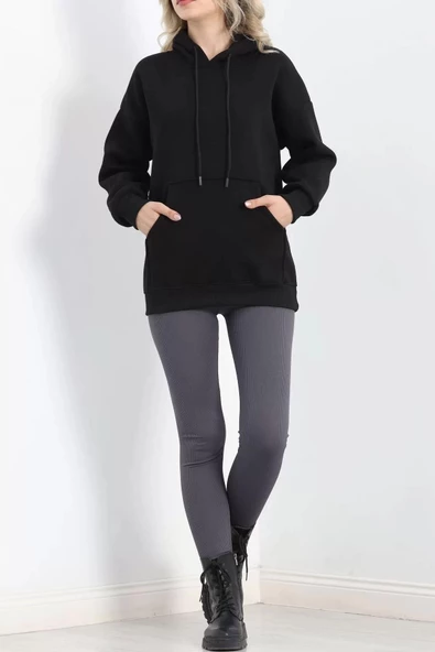 3 İplik Kanguru Cepli Kapşonlu Sweat Siyah - 20960.1878. - Resim 6