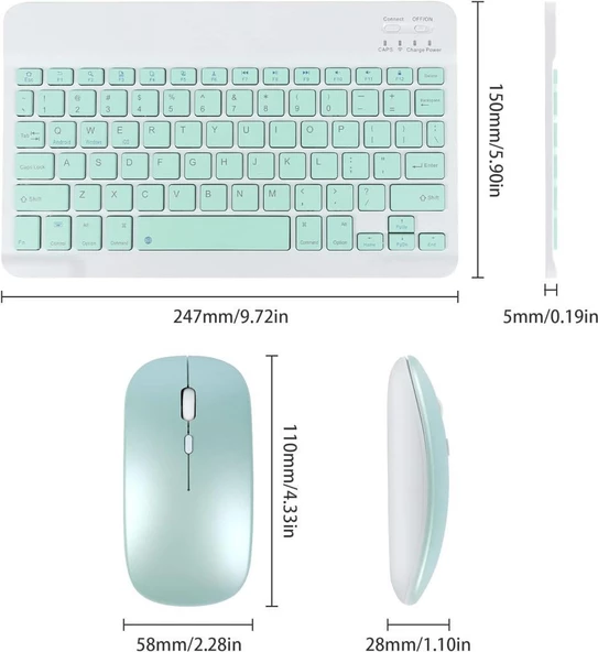 Huawei Mediapad T3 10 9.6" Uyumlu Kablosuz Bluetooth Şarj Edilebilir Klavye Mouse Seti - Yeşil - 7