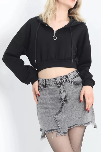 Modal Kapşonlu Crop Sweat Siyah - 12885.148. - 5