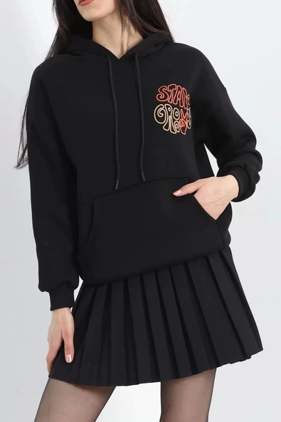 Baskılı Kapşonlu Kanguru Sweat Siyah - 20244.1878. ürün görseli