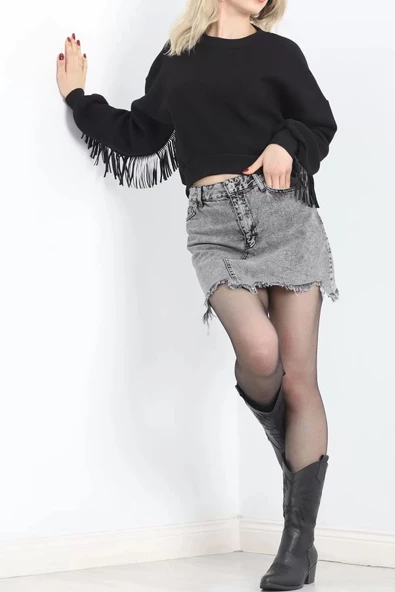 Deri Saçaklı Sweat Siyah - 12690.148. - 2