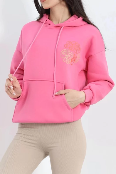 Baskılı Kapşonlu Kanguru Sweat Pembe - 20244.1878. - 3