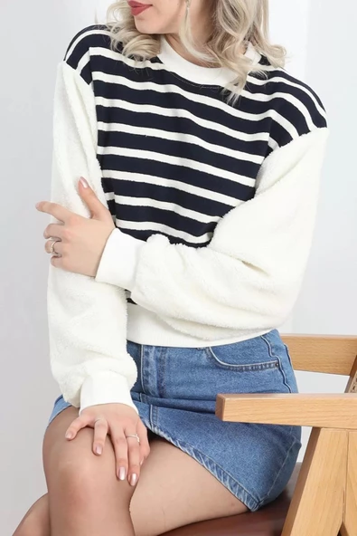 Kolu Peluş Bisiklet Yaka Sweat Ekru - 20720.1872. - 3