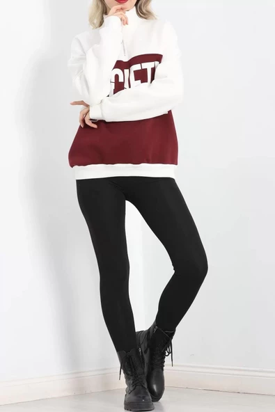 Yaka Fermuarlı 3 İplik Sweat Bordo - 20159.1059. - 2
