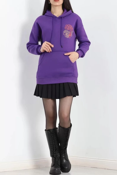 Baskılı Kapşonlu Kanguru Sweat Mor - 20244.1878. - 8