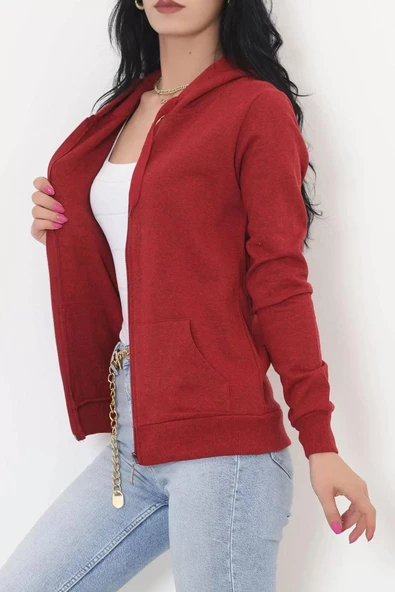 İç Tüylü Kapşonlu Fermuarlı Sweat Bordo - 11866.108. - 6