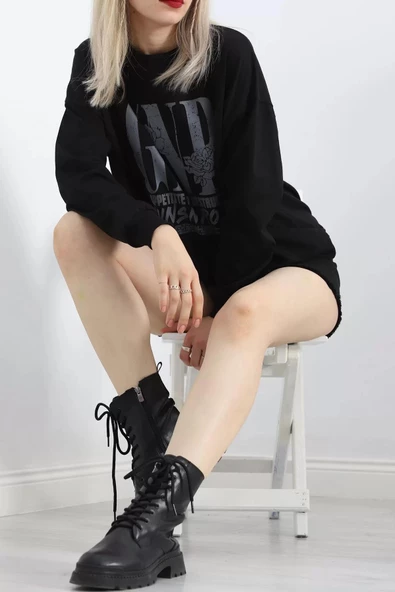 Baskılı İki İplik Oversize Sweat Siyah - 21648.200. - 2