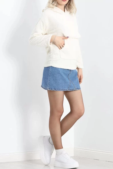 Kanguru Cep Kapşonlu Peluş Sweat Ekru - 9062.1153. - Resim 6