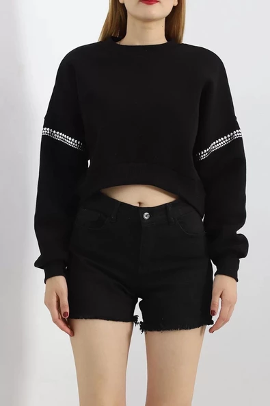 Kol Detay 3 İplik Crop Sweat Siyah - 12691.148. - 3