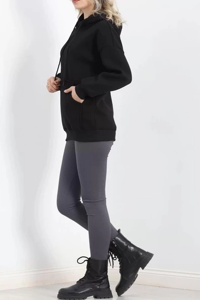 3 İplik Kanguru Cepli Kapşonlu Sweat Siyah - 20960.1878. - Resim 4