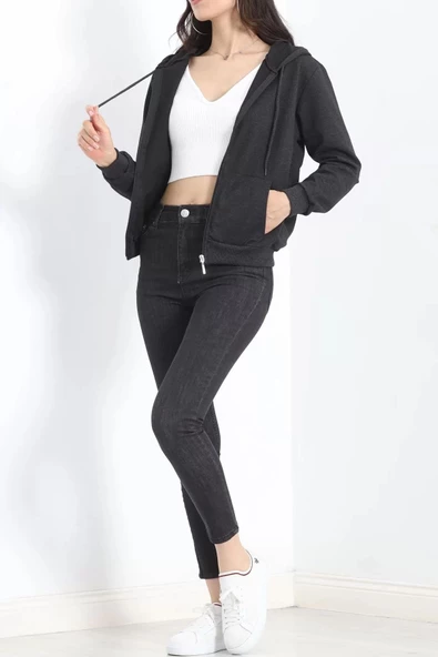 Kapşonlu Fermuarlı Sweat Koyuantrasit - 3001.275. - Resim 4