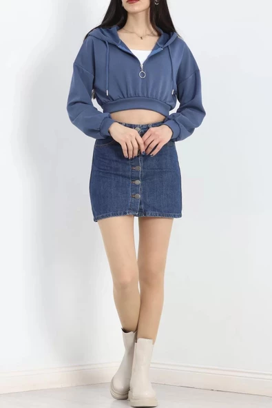 Modal Kapşonlu Crop Sweat İndigo - 12885.148. - Resim 6