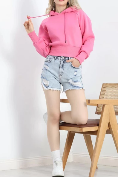 3 İplik Kapşonlu Crop Sweat Pembe - 20967.1878. - 4