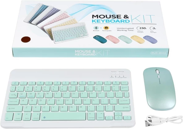 Huawei Mediapad T3 10 9.6" Uyumlu Kablosuz Bluetooth Şarj Edilebilir Klavye Mouse Seti - Yeşil - 8