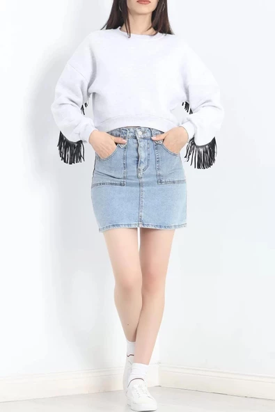 Deri Saçaklı Sweat Gri - 12690.148. - 2