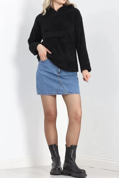 Kanguru Cep Kapşonlu Peluş Sweat Siyah - 9062.1153. - 4