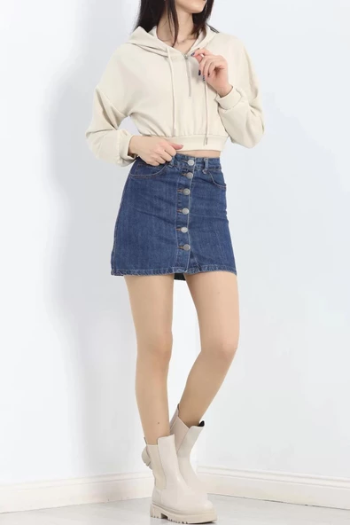 Modal Kapşonlu Crop Sweat Bej - 12885.148. - 7