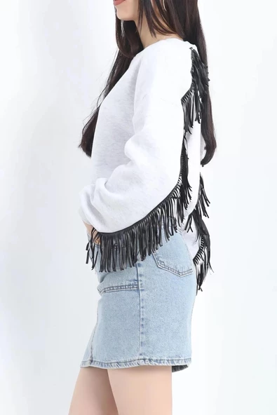 Deri Saçaklı Sweat Gri - 12690.148. - 3