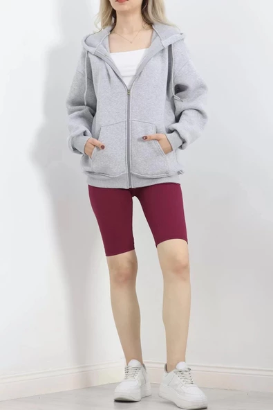 Kapşonlu Fermuarlı 3 İplik Sweat Gri - 20240.053. - 6