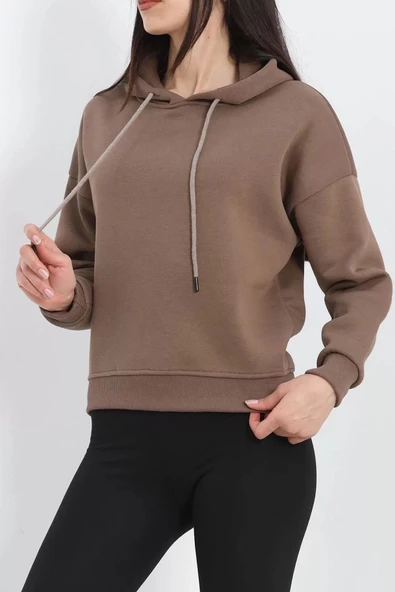 Kapşonlu 3 İplik Crop Sweat Açıkkahve - 20969.1878. - 3