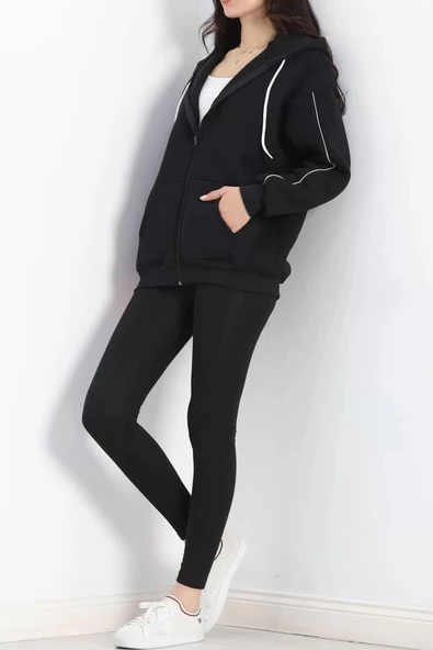 Biyeli 3 İplik Fermuarlı Sweat Siyah - 20282.053. - Resim 2