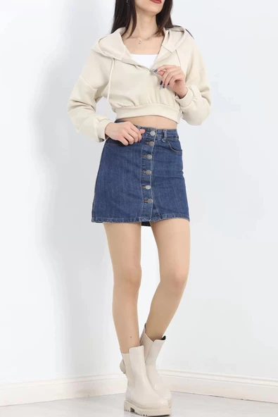 Modal Kapşonlu Crop Sweat Bej - 12885.148. - 6