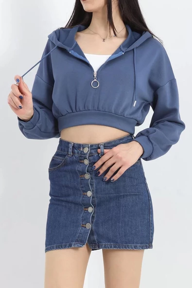 Modal Kapşonlu Crop Sweat İndigo - 12885.148. - Resim 5