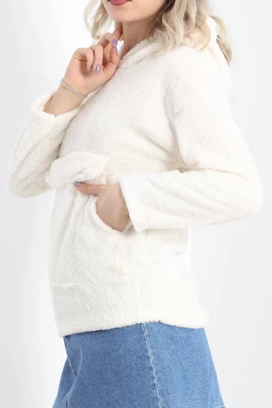 Kanguru Cep Kapşonlu Peluş Sweat Ekru - 9062.1153. - Resim 3