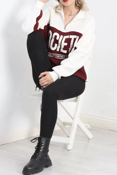 Yaka Fermuarlı 3 İplik Sweat Bordo - 20159.1059. - 4