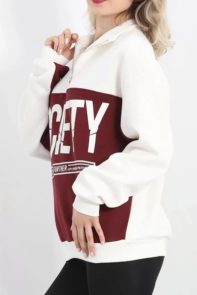 Yaka Fermuarlı 3 İplik Sweat Bordo - 20159.1059. - 3
