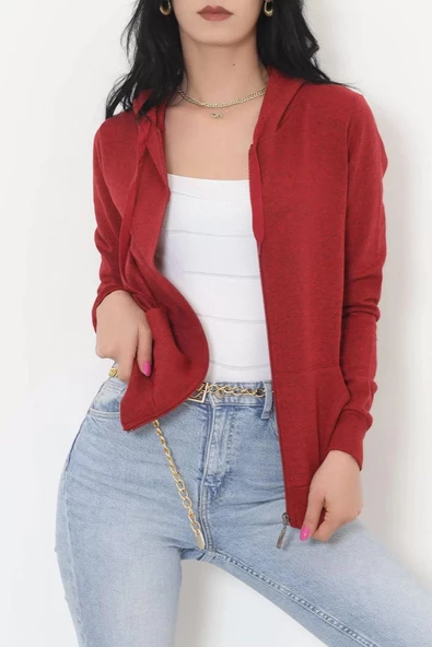 İç Tüylü Kapşonlu Fermuarlı Sweat Bordo - 11866.108. - 3